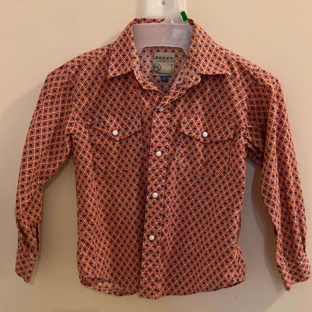 Roper boys print long sleeve western pearl snap shirt size S 6-7